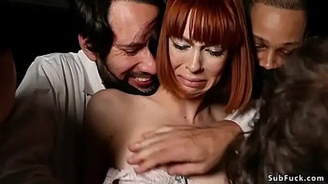 Bound redhead Alexa Nova takes double penetration from masked men