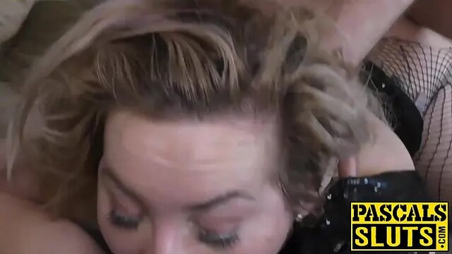 British submissive Hannah Blake deepthroats and takes spitroasted