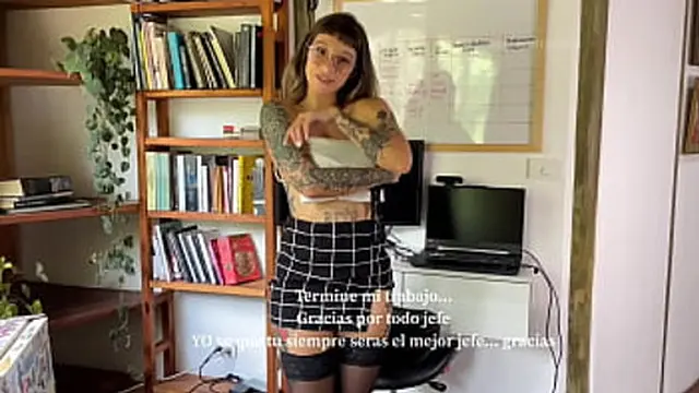 Hot secretary in miniskirt seduces &mdash;  talks dirty &mdash;  sucks and fucks him passionately