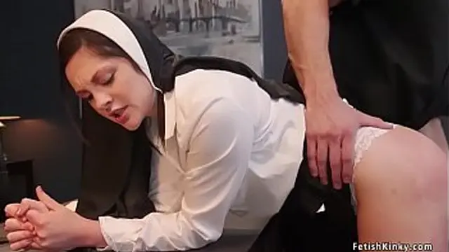Priest spanks and fucks bent-over nun &mdash;  girlfriend join for fun