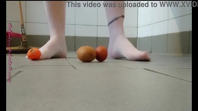 Chubby Solo Shower - Pantyhose and Fruit Foot Play