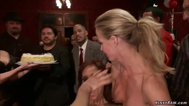 Publicly humiliated MILF slaves get railed and fisted at party
